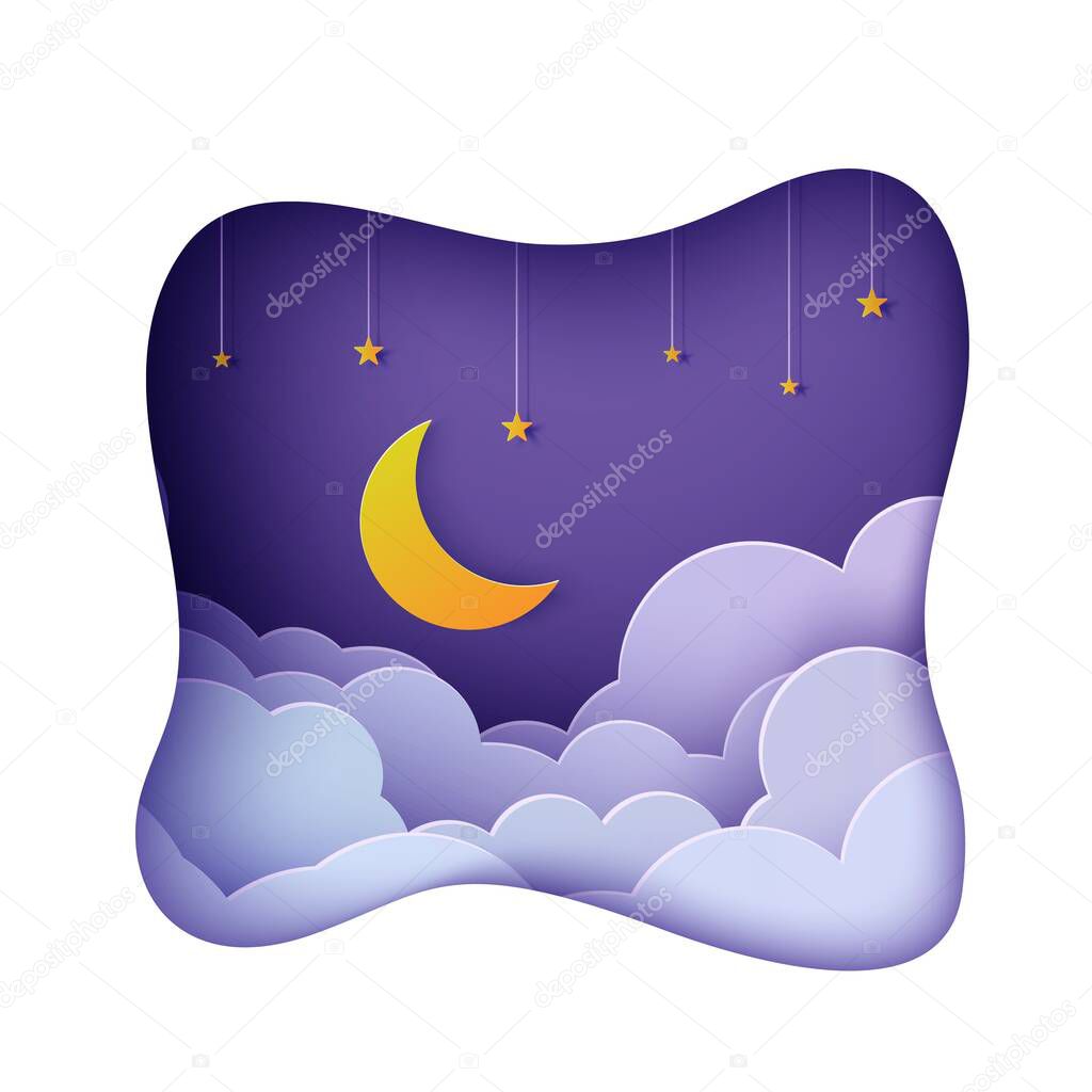 Night sky clouds frame like pillow with gold stars on rope and moon in paper cut style. Cut out 3d background with crescent and cloudy landscape papercut art. Vector card for wish good night.