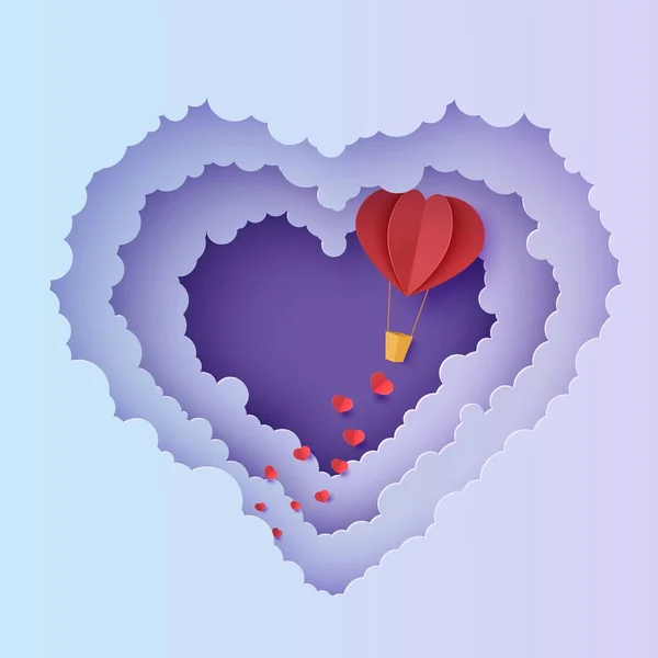 Valentine ausgeschnittenen 3D-Hintergrund mit violett blauen Verlauf bewölkte Landschaft und Heißluftballon Papierschnitt Kunst. Nachthimmel bewölkt Herzrahmen mit Herzen im Scherenschnitt-Stil. Vektor schöne Valentinskarte — Stockvektor