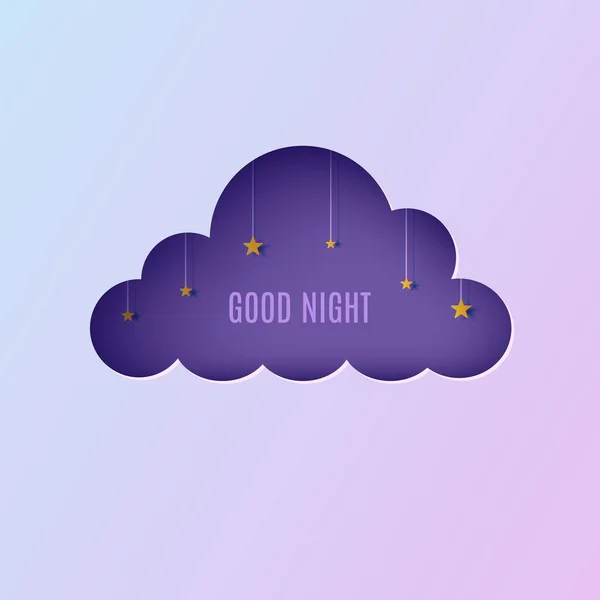 Céu noturno no estilo de corte de papel de quadro de nuvem. Corte 3d violeta e fundo gradiente azul com estrelas douradas na arte corda papercut. Cute origami cloudscape. Vetor boa noite doce sonho cartão modelo . —  Vetores de Stock