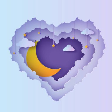 Valentine, menekşe mavisi gradyan bulutlu manzara ve ay kağıt kesim sanatıyla 3D arka planı kesmiş. Gece gökyüzü, kalp çerçevesini kağıtta ipin üzerindeki altın hilal yıldızlarıyla kaplıyor. Vektör aşk kartı