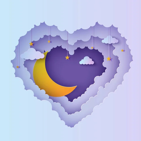 Valentine cut out 3d background with violet blue gradient cloudy landscape and moon papercut art. Night sky clouds heart frame with gold crescent stars on rope in paper cut style. Vector love card — Stock Vector