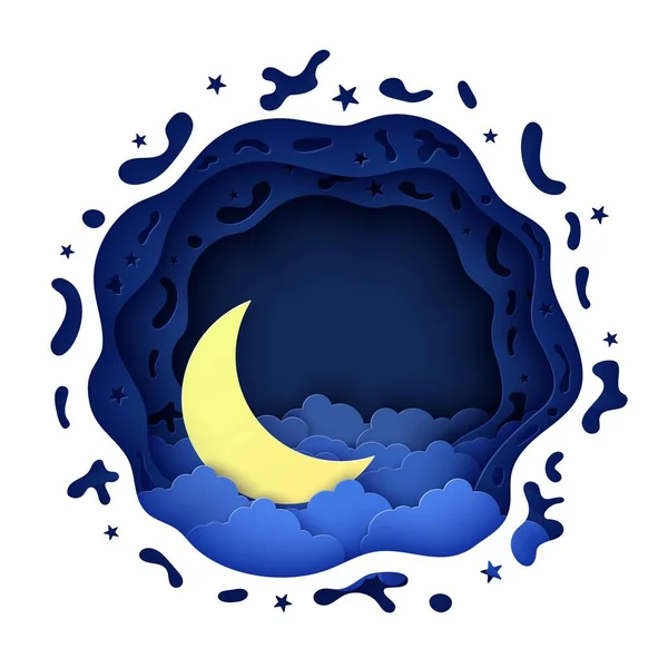 Night sky in round shape and crescent in paper cut style. 3d background with blue cloudy landscape with moon papercut art. Cute origami clouds. Vector card for wish good night sweet dreams. — Stock Vector