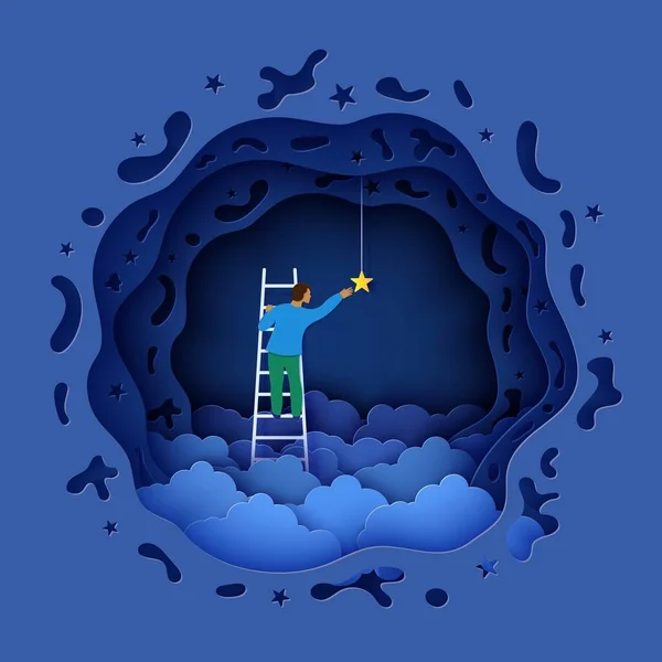 Hombre en una escalera para recoger la estrella por encima de la nube en el estilo de corte de papel. Empresario cortado en papel subiendo en la escalera al cielo y tratando de atrapar estrella de ensueño. Siga su concepto de póster motivacional vector sueños — Archivo Imágenes Vectoriales