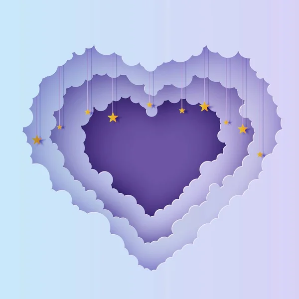 Valentine cut out 3d background with violet blue gradient cloudy landscape papercut art. Night sky clouds heart frame with gold stars on rope in paper cut style. Vector Valentines card. Lovely gift — Stock Vector