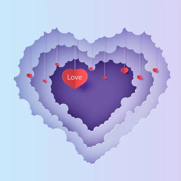 Valentine cut out 3d background with violet blue gradient cloudy landscape papercut art. Night sky clouds heart frame with hearts on rope in paper cut style. Vector Valentines card. Lovely gift. — Stock Vector