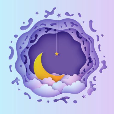 Gece gökyüzü yuvarlak çerçeveli, bulutlu, ipte altın yıldızlar ve kağıtta ay şeklinde kesim tarzıyla. Hilal ve bulutlu peyzaj kağıt kesim sanatıyla 3 boyutlu bir peri arkaplanı kes. İyi geceler dilemek için rüya gibi bir kart.