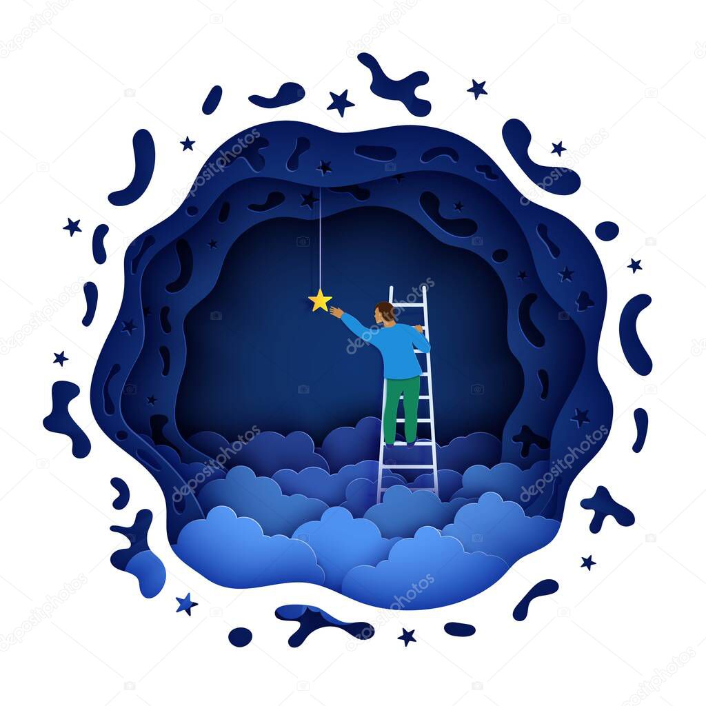 Man on a ladder to pick the star above cloud in paper cut style. Papercut businessman climbing on ladder to sky and trying to catch dream star. Follow your dreams vector motivational poster concept