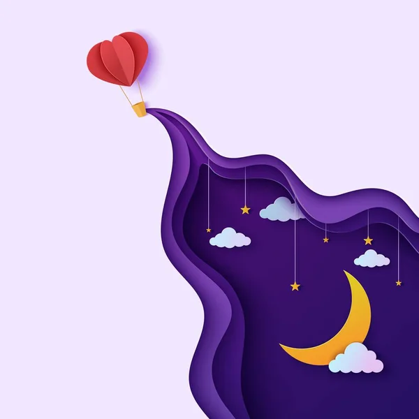 Nachthimmel und Herz formen einen Heißluftballon im Scherenschnitt-Stil. Ausgeschnittene 3D-Hintergrund mit violetten und blauen Verlauf bewölkte Landschaft mit Stern auf Seil und Mond Papierschnitt Kunst. Vektorkartenillustration. — Stockvektor