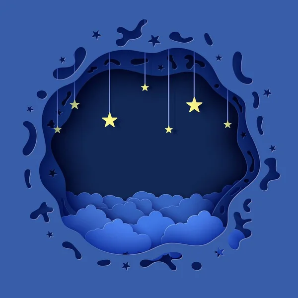 Cielo nocturno en forma redonda en estilo de corte de papel. Capas de fondo 3d con azul paisaje nublado con estrellas en el arte de corte de papel de cuerda. Bonitas nubes de origami. Tarjeta vectorial para desear buenas noches dulces sueños . — Archivo Imágenes Vectoriales