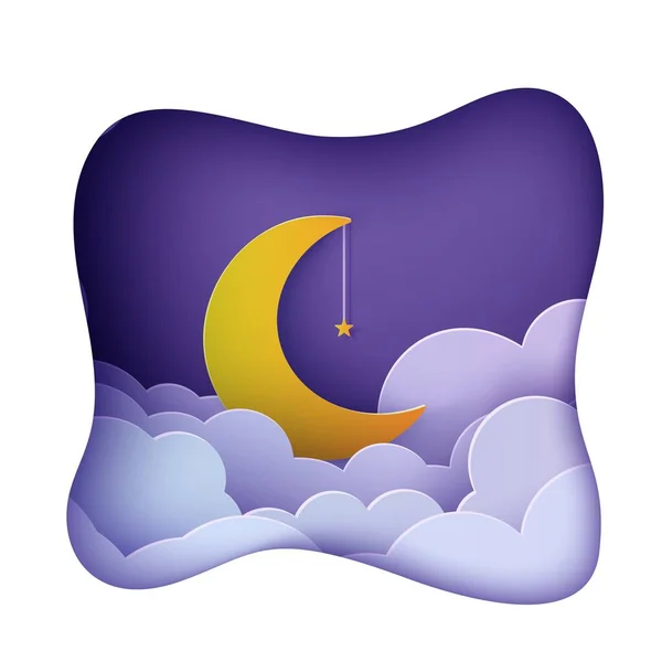 Ночное небо облака рамку, как подушка с золотой звездой на веревке и луна в бумаге вырезать стиле. Вырезать трехмерный фон с полумесяцем и облачный ландшафтный бумаги искусства. Спокойной ночи, сладкие сны, векторная карта . — стоковый вектор