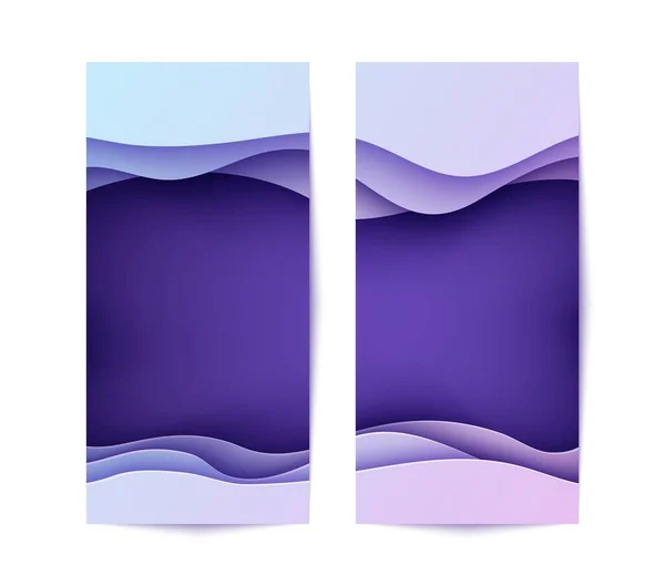 Набор баннеров с волной в стиле покроя бумаги. Два трехцветных флаера фиолетового и синего цвета. Сложен на глубоком бумажном фоне с волнистой формой. Иллюстрация векторной карты в стиле оригами . — стоковый вектор
