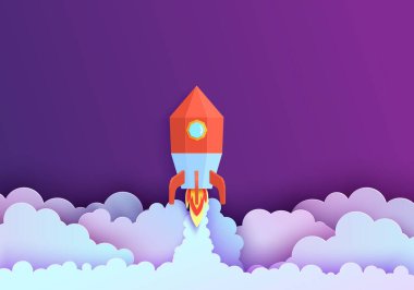 Roket kağıt kesiği şeklinde havalanıyor. Gece gökyüzü ve kırmızı origami uzay aracı fırlatıldı. 3D vektör arkaplan duman bulutları ve yangın uzay gemisi çalıştırılıyor. Girişim konsepti için kağıt kesimi unsurları