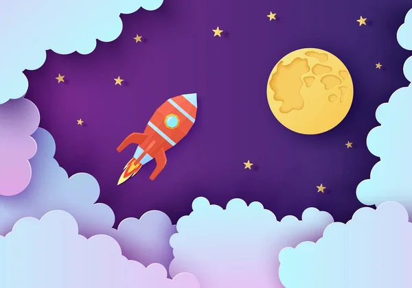 Night sky and red rocket in paper cut style. Cut out 3d background with violet and blue gradient cloudy landscape with stars and full moon papercut art. Cute vector origami clouds and spaceship. — Stock Vector