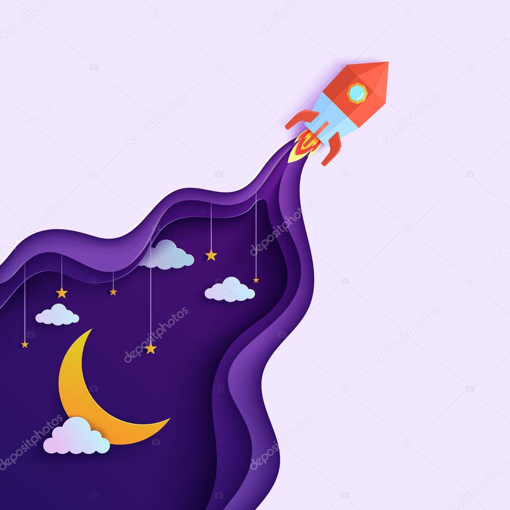 Night sky and red rocket in paper cut style. Cut out 3d background with violet and blue gradient cloudy landscape with star on rope and moon papercut art. Vector card template for motivation poster.