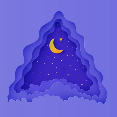 Gece gökyüzü üçgen çerçeve bulutları, ipte yıldız ve kağıt kesiği şeklinde ay. Hilal ve bulutlu peyzaj kağıt kesim sanatıyla üç boyutlu arka planı kes. İyi geceler dilemek için vektör kartı Tatlı rüyalar