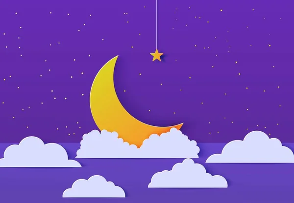 Ночное небо в стиле пореза бумаги. Вырезать 3D фон с фиолетовым фиолетовым фоном, облако золотые звезды на веревке и полумесяц бумаги искусства. Симпатичный облачный пейзаж оригами. Вектор спокойной ночи, сладкие мечты карты . — стоковый вектор