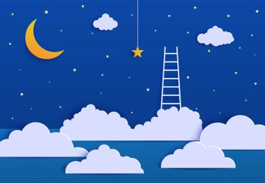 Beyaz merdiven, bulutun üstündeki yıldızı kağıt kesiği tarzında toplamak için. Kağıt kesiği gece manzarası gökyüzüne merdiven tırmanıyor ve rüya yıldızını yakalamaya çalışıyor. Rüya vektörü motivasyonel poster konseptini takip et.