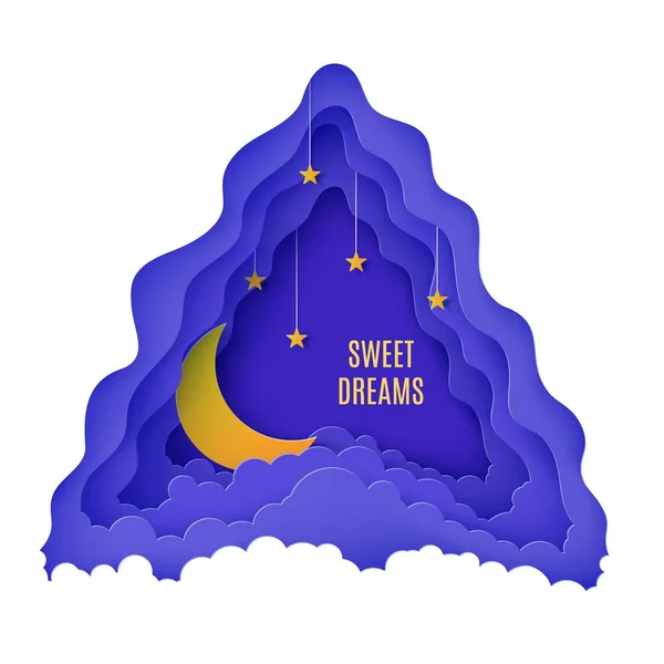 Night sky clouds triangular frame with stars on rope and moon in paper cut style. Cut out 3d background with crescent and cloudy landscape papercut art. Vector card for wish good night sweet dreams. — Stock Vector