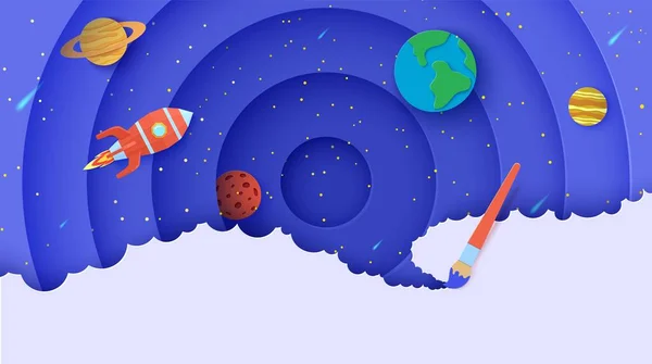 Utrymme med planeter och flygande röd polygonal raket i papper stil. Vektor planeter jorden, Saturnus, Merkurius, Jupiter, Mars och pensel rita på abstrakta lager cirkel origami bakgrund. — Stock vektor