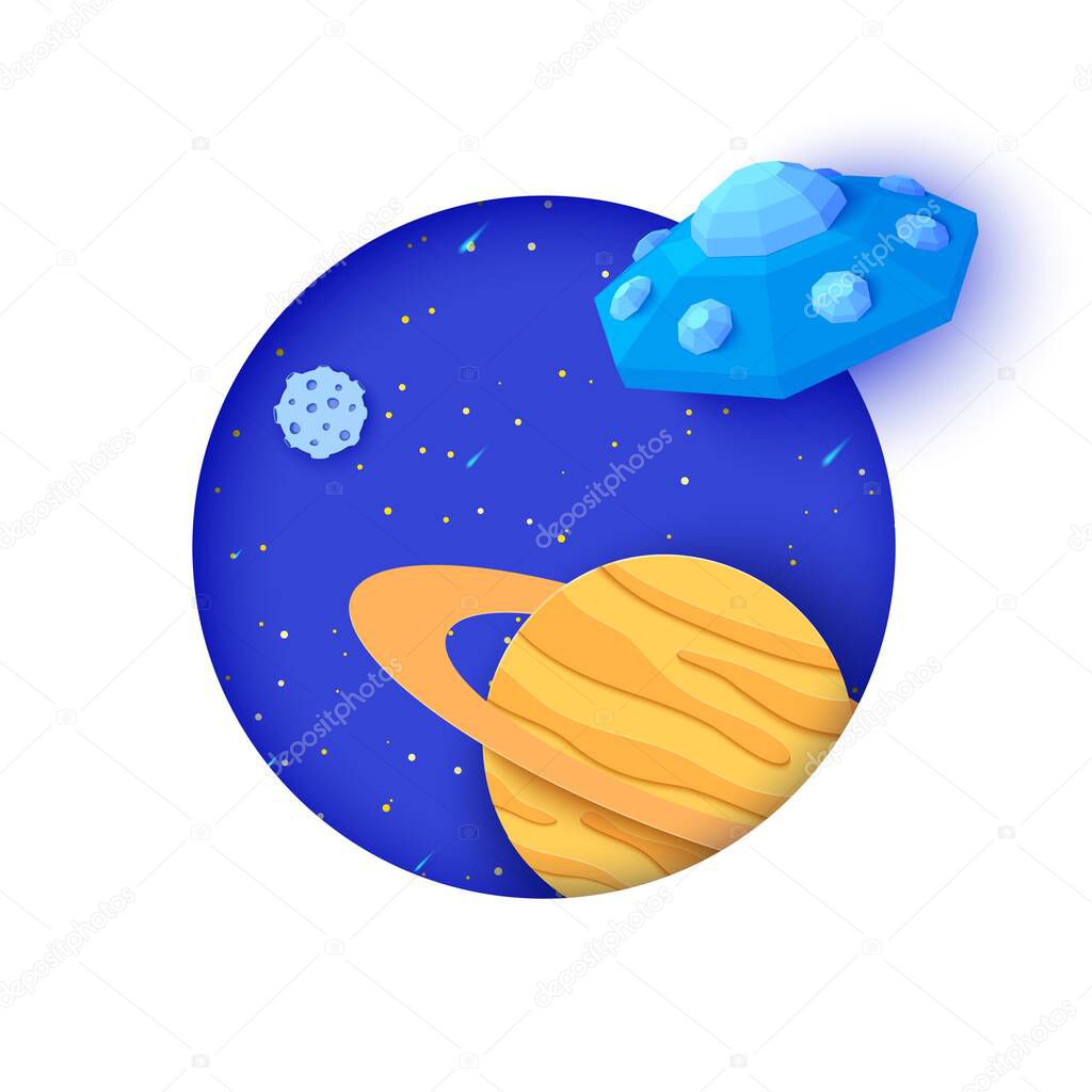 Flying saucer flying in space in paper cut style. Galaxy landscape 3d craft background with white round frame and starry night sky. Cardboard cutout Saturn planet and UFO. Vector kids illustration.