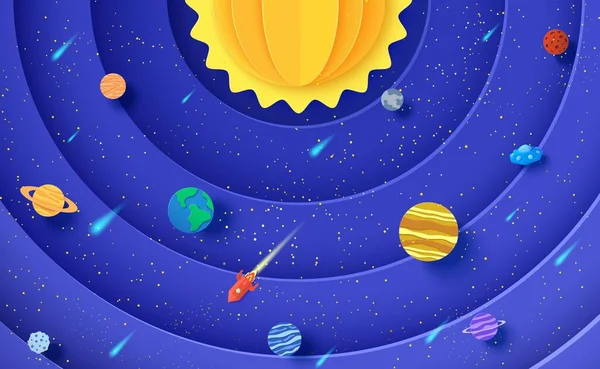 Zonnestelsel model in papier gesneden stijl. Ronde lagen sterrenstelsel ruimte met cartoon planeten, rode veelhoekige raket, kometen en origami UFO. 3d vector achtergrond met vliegende schotel in sterrenhemel. — Stockvector