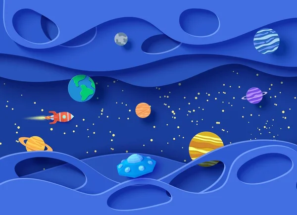 Tecknad planet, röd polygonal raket och origami UFO. Vågig skiktad bakgrund i pappersklipp stil. 3D vektor kort med flygande tefat i stjärnklar natthimmel, Barnens illustration av papper hantverk galax. — Stock vektor