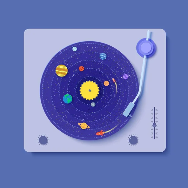 Gramofon s vinylovou deskou v papírovém střihu. 3D ilustrace s vesmírnou raketou a plavidly planet sluneční soustavy. Saturn Jupiter Venus Sun Neptune a galaxie. Šablona karty dekorace vektorové strany — Stockový vektor