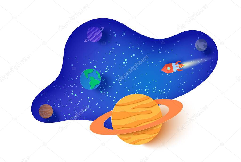 Space landscape in paper cut style. Cartoon 3d Saturn, Earth, Jupiter, Neptune planets, red polygonal rocket. Abstract vector frame with starry night sky. Kids card illustration of paper craft galaxy