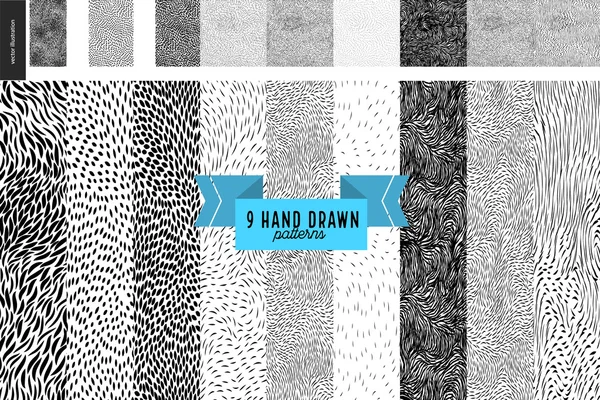 Hand drawn back and white patterns set — Stock Vector