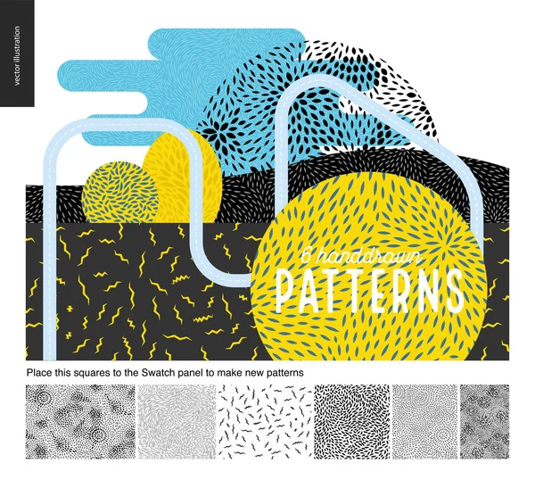 Hand drawn black and white 6 patterns set — Stock Vector