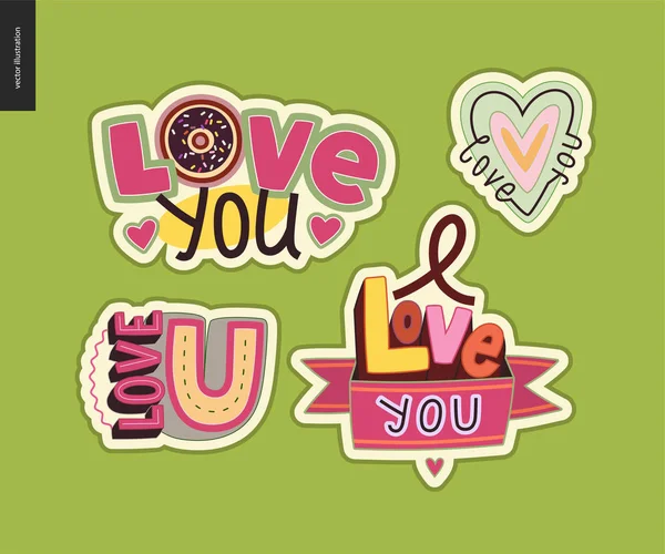 Conjunto de contemporânea girlie Love You logotipo da carta — Vetor de Stock