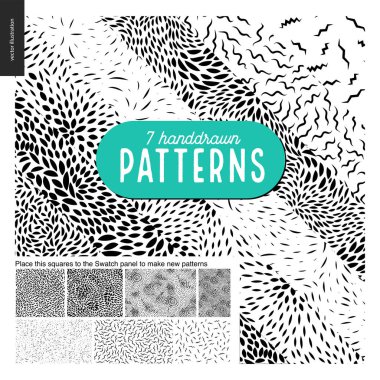 El çekilmiş siyah beyaz 7 desenleri kümesi