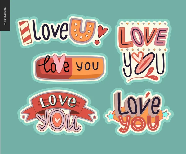 Conjunto de contemporânea girlie Love You logotipo da carta —  Vetores de Stock