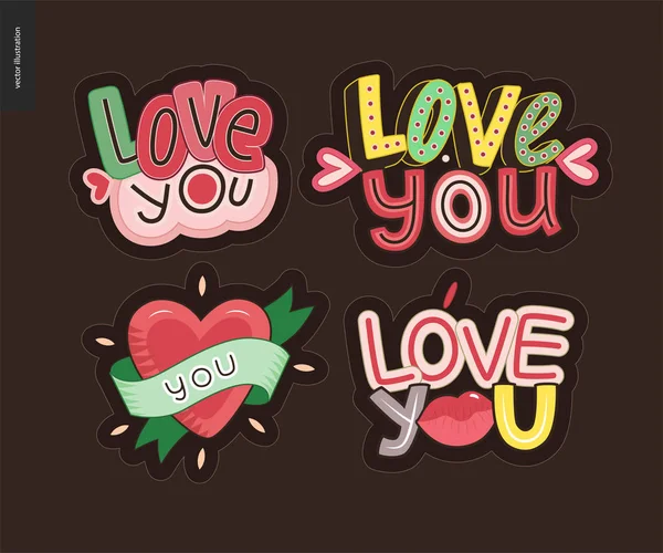 Conjunto de contemporânea girlie Love You logotipo da carta —  Vetores de Stock