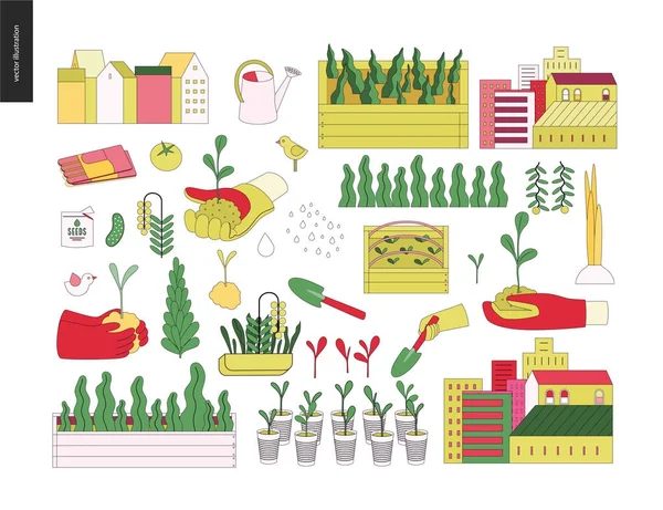 Agricultura urbana y elementos de jardinería — Vector de stock