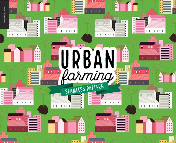 Agricultura urbana e jardinagem - padrão de casas e brotos — Vetor de Stock