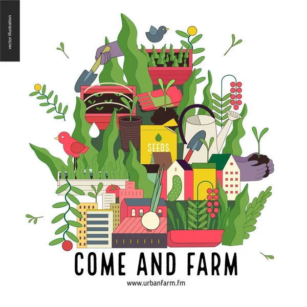 Agricultura urbana y jardinería collage — Vector de stock