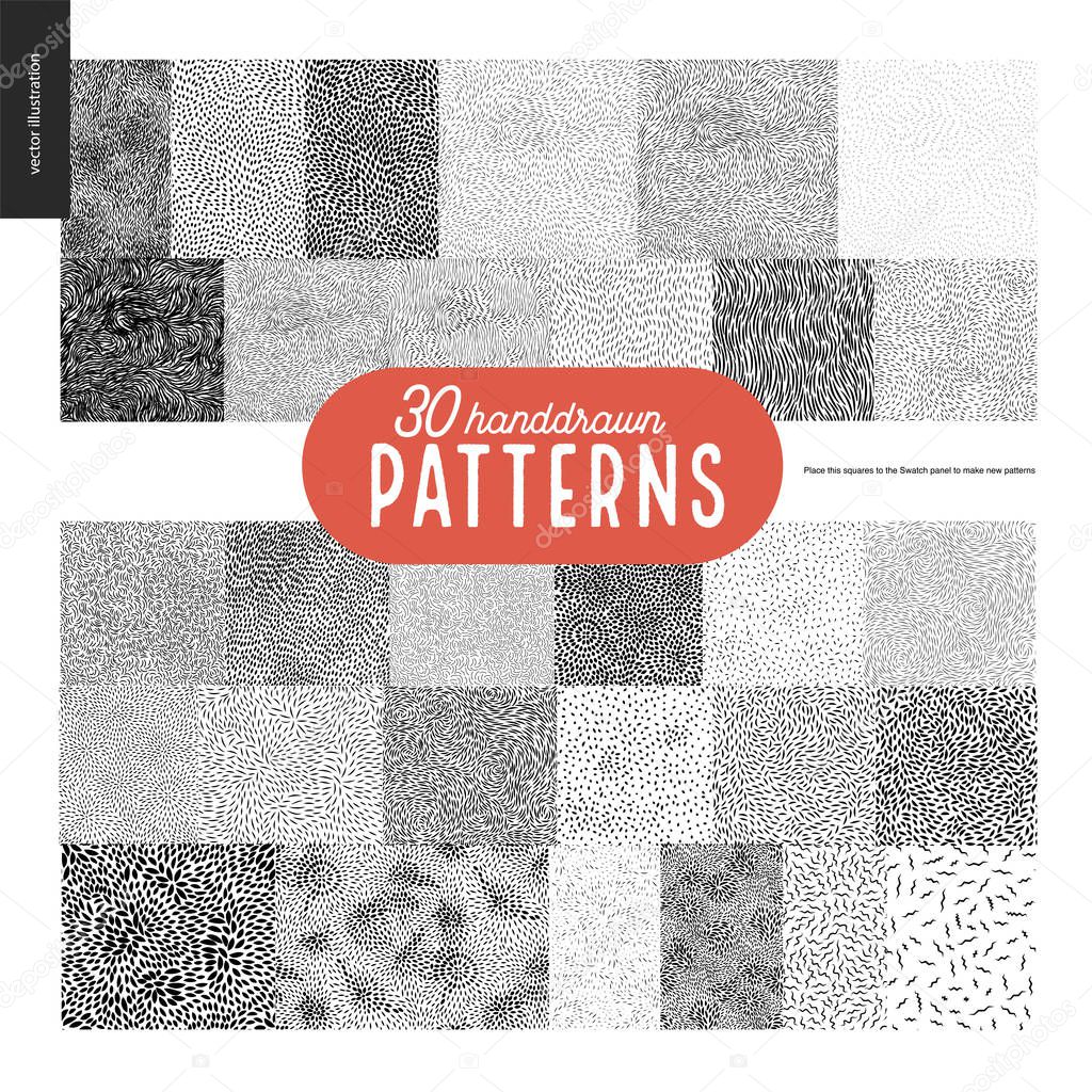 Hand drawn black and white 30 patterns set