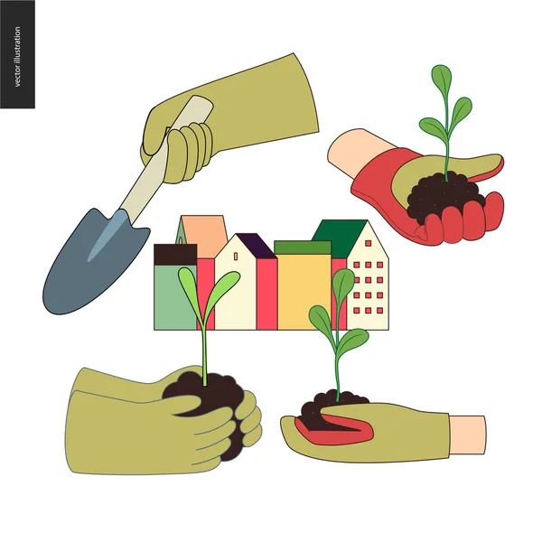 Agriculture urbaine et jardinage mains mises — Image vectorielle