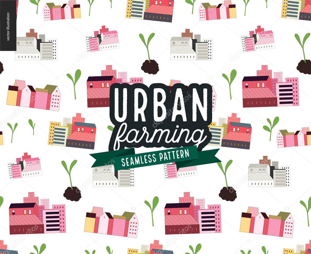 Urban farming and gardening - houses and sprouts pattern