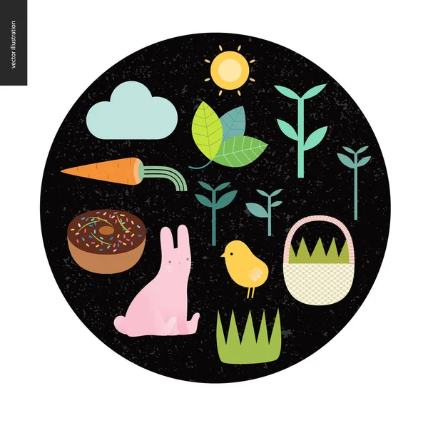 Easter elements on the black round background — Stock Vector