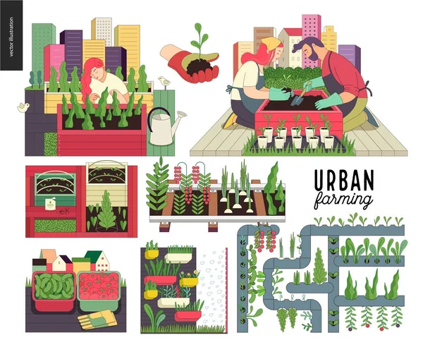 Conjunto de agricultura urbana y jardinería — Vector de stock