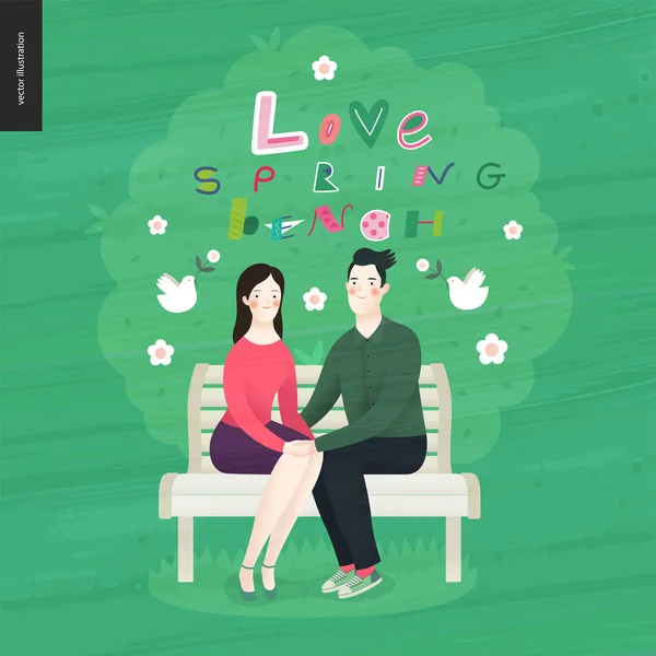 Amor, primavera, letras de banco y una pareja enamorada — Archivo Imágenes Vectoriales