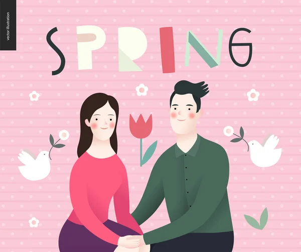 El amor, la primavera, el banco - la pareja enamorada — Archivo Imágenes Vectoriales