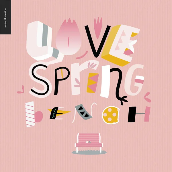 Kärlek, våren, bänk roliga bokstäver — Stock vektor