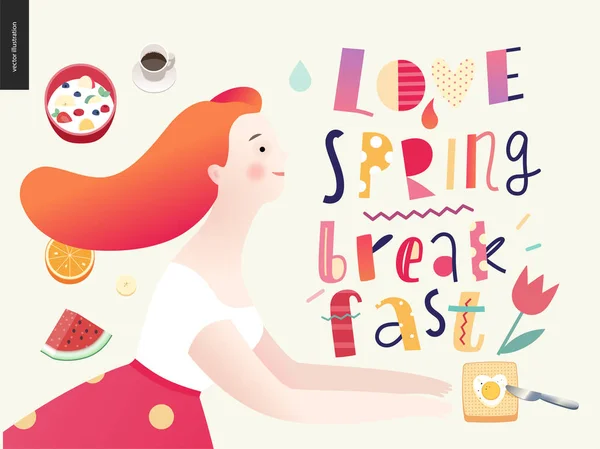 Älskar, våren, frukost bokstäver sammansättning — Stock vektor
