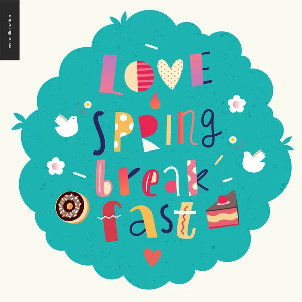 Amor, primavera, desayuno Letras composición — Vector de stock