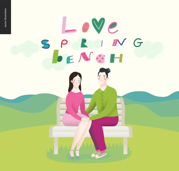 Любовь, весна, скамейка - влюбленная пара — стоковый вектор