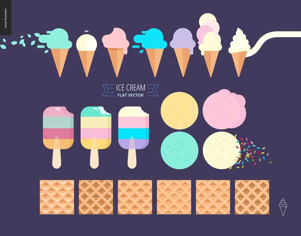 冰淇淋勺子在一个深紫色的背景上设置的华夫饼锥 — 图库矢量图片