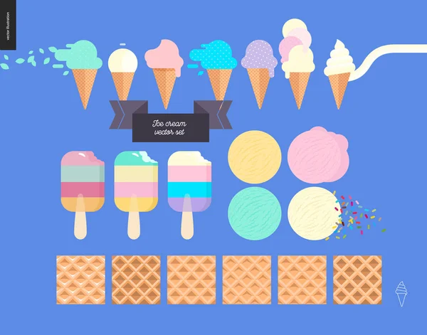 冰淇淋勺子在一个蓝色的背景下设置的华夫饼锥 — 图库矢量图片